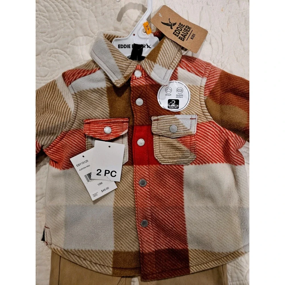 Eddie Bauer Baby‎ Boy 2PC Jogger Set Flannel Shirt and Pants Set Red Plaid 12M